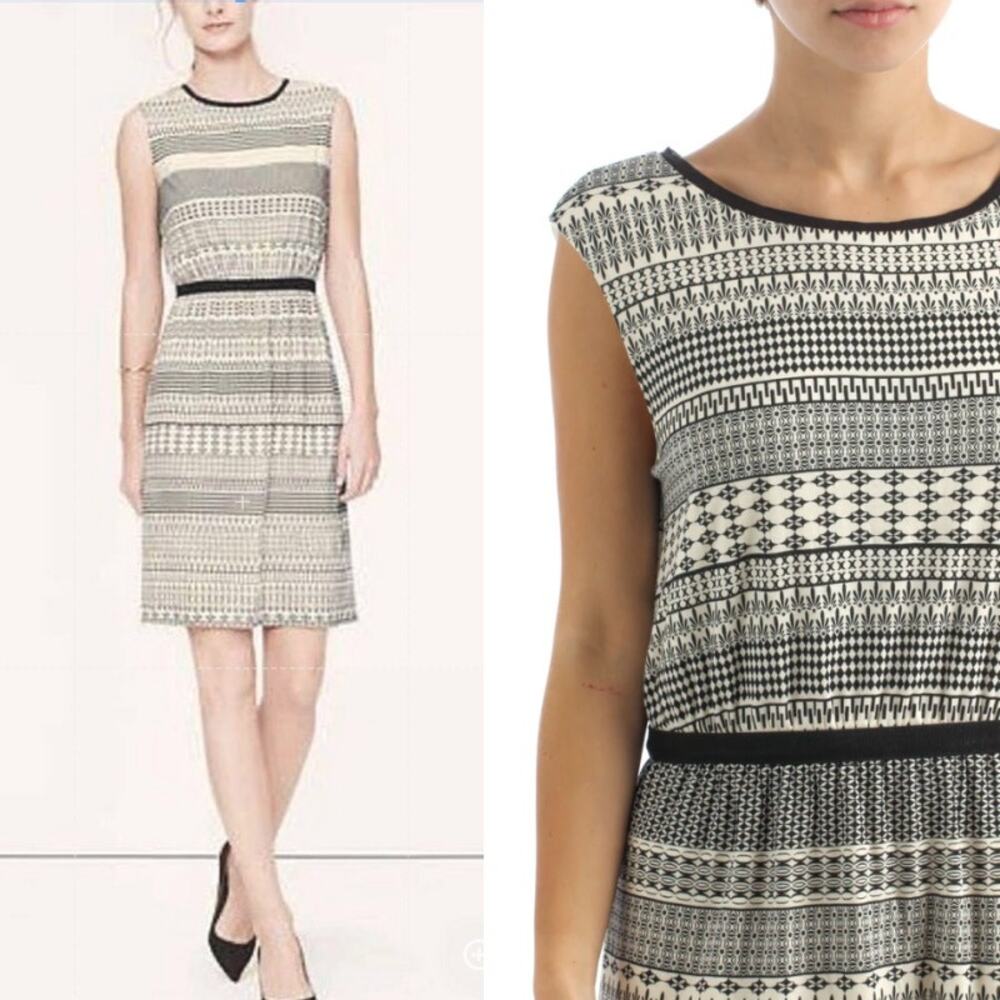 Ann Taylor Loft Cream Black Multi Pattern Printed Sleeveless Dress Size L
